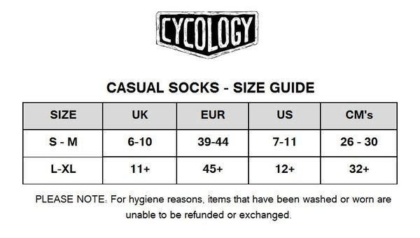 tabuľka s rozmermi pre cyklistické ponožky Casual od Cycology